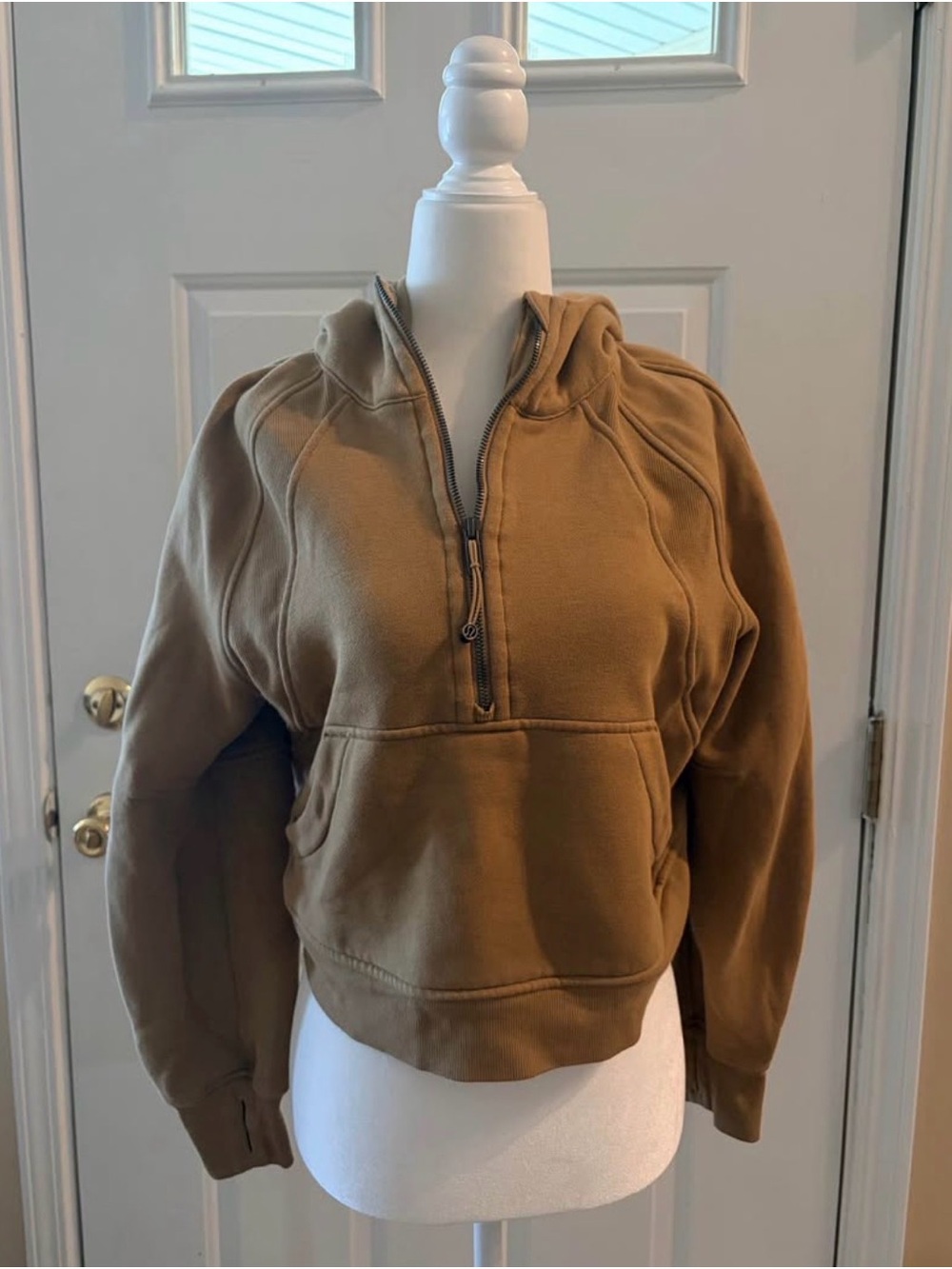 Cropped Half-Zip Hoodie Sweater - Brown